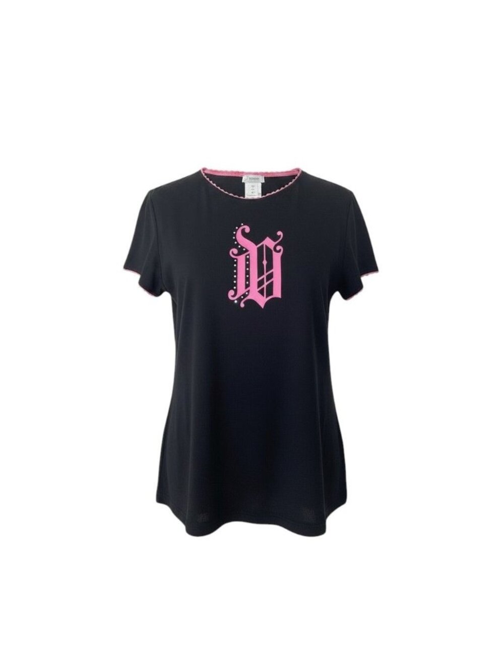 Versace Short Sleeve T-Shirt Gothic Logo Rhinestone Lace Black Pink